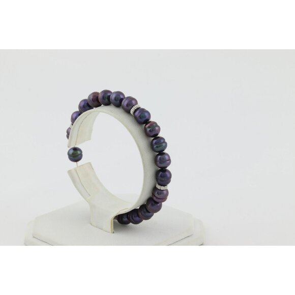 14k White Gold Bead and Freshwater Black Peacock Pearl Strech Bracelet 6 1/2" - Picture 4 of 7